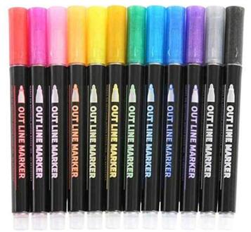 12 Kleuren Dubbele Lijn Overzicht Marker Pennen Metallic Overzicht Markers Pennen Dubbele Lijn Pen Pen Voor Tekening Highliting