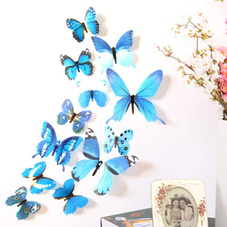 12 Pcs 3D Muurstickers Hollow Vlinder Voor Kinderen Kamers Thuis Wall Decor Diy Mariposas Koelkast Stickers Kamer Badkamer Decoratie blauw