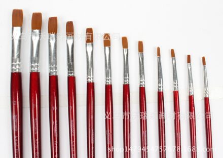 12 Sets Van Wijn Rode Staaf Nylon Borstel Olieverfschilderij Borstel Aquarel Pen Acryl Borstel 12 Flat Fronts