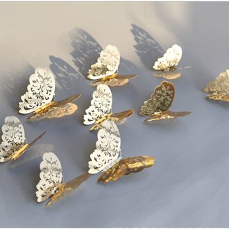 12 Stks/partij 3D Hollow Golden Zilveren Vlinder Muur Sticker Art Home Decorations Muur Decals Voor Party Bruiloft Display Vlinders A-goud