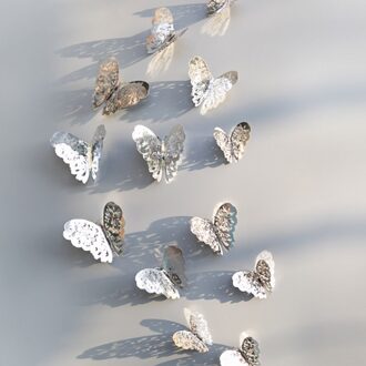 12 Stks/partij 3D Hollow Golden Zilveren Vlinder Muur Sticker Art Home Decorations Muur Decals Voor Party Bruiloft Display Vlinders A-zilver