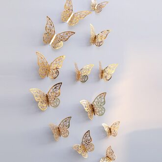 12 Stks/partij 3D Hollow Golden Zilveren Vlinder Muur Sticker Art Home Decorations Muur Decals Voor Party Bruiloft Display Vlinders C-goud