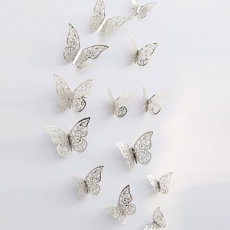 12 Stks/partij 3D Hollow Golden Zilveren Vlinder Muur Sticker Art Home Decorations Muur Decals Voor Party Bruiloft Display Vlinders C-zilver