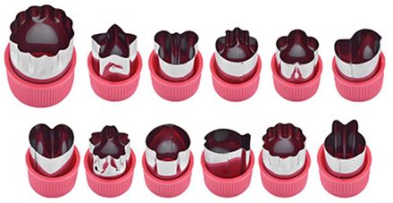 12 Stks/set Leuke Cartoon Groente Fruit Cutter Mold Bloem Hart Ster Dier Roestvrijstalen Keuken Cookie Biscuit Babyvoeding Diy 12stk roos rood