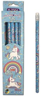 12 stks/set Leuke Regenboog Eenhoorn Plastic Potlood Automatische Pen Met Gum Voor Kid School Office Supply blauw