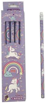 12 stks/set Leuke Regenboog Eenhoorn Plastic Potlood Automatische Pen Met Gum Voor Kid School Office Supply paars