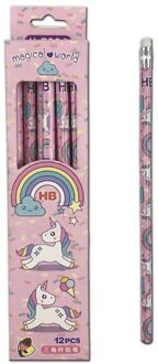 12 stks/set Leuke Regenboog Eenhoorn Plastic Potlood Automatische Pen Met Gum Voor Kid School Office Supply roze