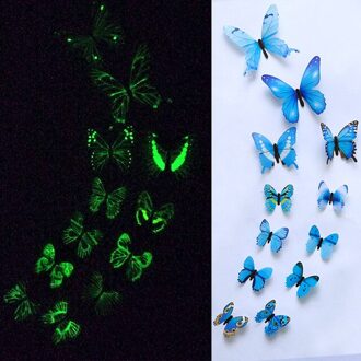 12 Stks/set Lichtgevende Vlinder 3D Muurstickers Voor Kinderkamer Wedding Party Home Decor Muurtattoo Glow In The Dark stickers Blauw