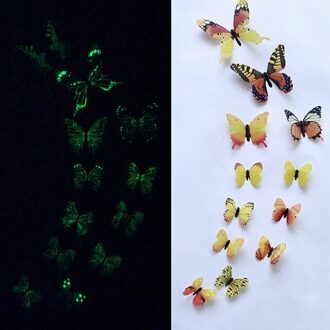 12 Stks/set Lichtgevende Vlinder 3D Muurstickers Voor Kinderkamer Wedding Party Home Decor Muurtattoo Glow In The Dark stickers geel