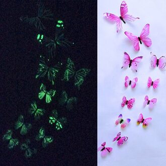 12 Stks/set Lichtgevende Vlinder 3D Muurstickers Voor Kinderkamer Wedding Party Home Decor Muurtattoo Glow In The Dark stickers Roze