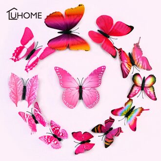 12 Stks/set Magnetische 3D Vlinder Muurstickers Home Decor Muurstickers Voor Woonkamer Slaapkamer Keuken Wc Kinderkamer Decoratie roze