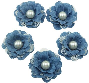 12 Stks/zak 5 Cm Kunstmatige Bloem Jeans Stijl Handgemaakte Parel Kant Bloem Meisjes Haar Accessoires Diy Decoratie Benodigdheden 1 blauw