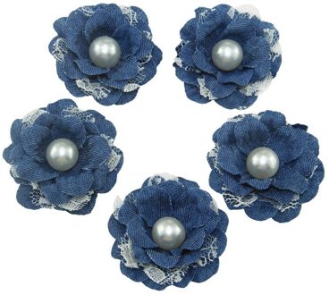 12 Stks/zak 5 Cm Kunstmatige Bloem Jeans Stijl Handgemaakte Parel Kant Bloem Meisjes Haar Accessoires Diy Decoratie Benodigdheden 2 blauw