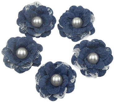 12 Stks/zak 5 Cm Kunstmatige Bloem Jeans Stijl Handgemaakte Parel Kant Bloem Meisjes Haar Accessoires Diy Decoratie Benodigdheden 3 blauw
