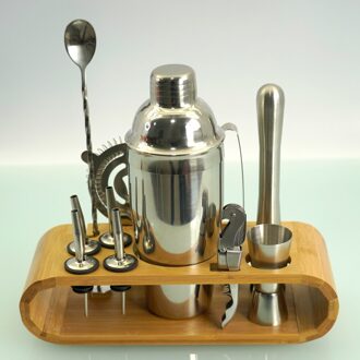 12 Stuk Cocktail Shaker Set Rvs Barman Kit Mixer Drink Bar Tool Accessoires Ovale Bamboe Stand 750ML