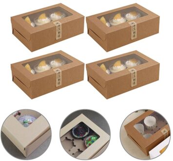 12 Stuks 6-Grids Cake Dozen Papier Cupcake Verpakking (Kraft Papier, Stickers) kraft papier 12stk