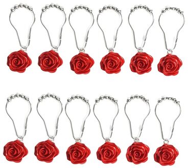 12 Stuks Douchegordijn Haken Ringen Voor Badkamer, decoratieve Roos Bloem Hars Douchegordijn Haken Staven Gordijnen (Rood)