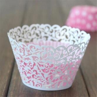 12 Stuks Holle Muffin Cupcake Paper Cups Bruiloft Verjaardag Baby Shower Filigraan Vine Cupcake Wrappers Wraps Gevallen wit