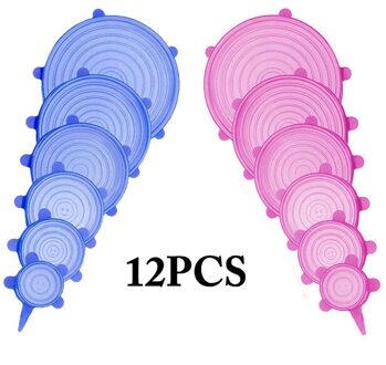12 Stuks Ronde Herbruikbare Silicone Voedsel Cover Elastische Stretch Verstelbare Kom Deksels Keuken Wrap Seal Verse Houden Siliconen Caps blauw roze