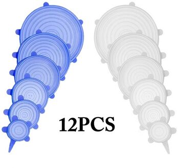 12 Stuks Ronde Herbruikbare Silicone Voedsel Cover Elastische Stretch Verstelbare Kom Deksels Keuken Wrap Seal Verse Houden Siliconen Caps blauw wit