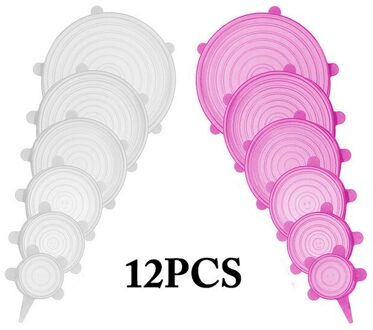 12 Stuks Ronde Herbruikbare Silicone Voedsel Cover Elastische Stretch Verstelbare Kom Deksels Keuken Wrap Seal Verse Houden Siliconen Caps wit roze