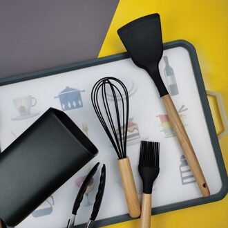 12 Stuks Siliconen Kookgerei Set Non-stick Spatel Schop Borstel Houten Handvat Met Opbergdoos Keukenapparatuur T21D