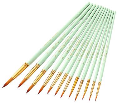 12 Stuks Van Een Set Professionele Penselen Delicate Penselen Houten Nylon Haar Art Borstel Draagbare Verf Pen licht groen