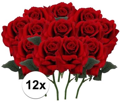 12 x Kunstbloemen steelbloem rode roos deluxe 31 cm - Kunstbloemen Rood