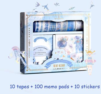120 Stks/set Sterren Washi Tape + Memo Pads + Briefpapier Stickers Schoolbenodigdheden Kit Masking Tape Kawaii Sticker Planner Decor diy blauw oceaan