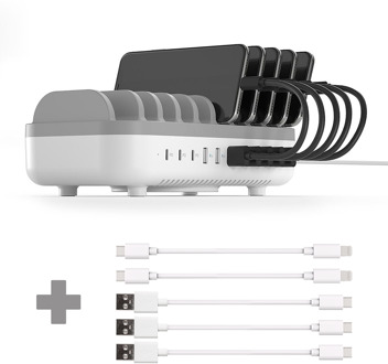 120W Smart Charging Docking Station met 10 poorten - USB / USB-C + 3x USB-A naar USB-C Kabel - 20cm + 2x USB-C naar Lightning Kabel - 20cm - Wit