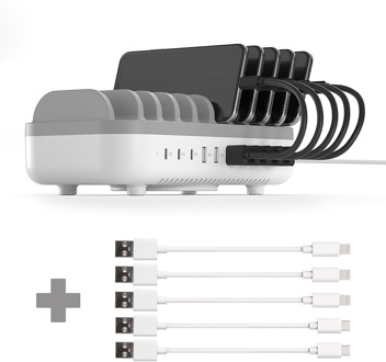 120W Smart Charging Docking Station met 10 poorten - USB / USB-C + 3x USB naar Lightning Kabel - MFI gecertificeerd - 20cm + 2x USB-A naar USB-C Kabel - 20cm - Wit