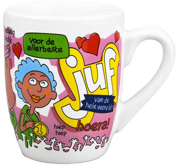 123 Kado koffiemokken Cartoon cadeau koffiemok/beker voor de allerbeste juf - 300 ml - koffiebekers/feestartikelen Multi