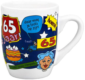 123 Kado koffiemokken Cartoon cadeau mok/beker Hoera 65 jaar verjaardag / versiering 300 ml - feest mokken Multikleur