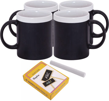 123 Kado koffiemokken Setje van 4x krijtbordje Koffie/thee mokken wit met pakje krijt