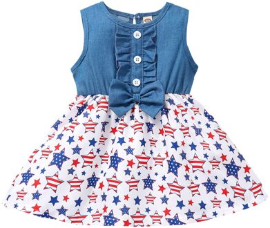 12M-3T Peuter Baby Meisjes Zomer Jurk 4th-of-july Strik Denim Splice Sterren Gestreepte Prinses Jurken Casual Baby meisje Kleding 24M