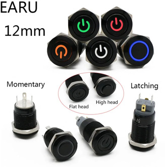 12mm Alumina Black Flat High Head Waterproof Metal Push Button Switch LED Light Momentary Latching Car Engine PC Power Switch 5V