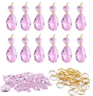 12Pcs 38Mm Galss Crystal Teardrop Kroonluchter Prisma Onderdelen Opknoping Hangers Kralen + 50x Split Ring + 50X14Mm Achthoekige Kralen Roze