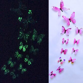12Pcs 3D Decal Wall Art Verwisselbare Bruiloft Decoratie Vlinder Spiegel Muursticker Kinderkamer Decoratie Glow Stickers Kristal roze