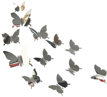 12Pcs 3D Spiegel Vlinder Muurtattoo Vlinder Muurstickers Lichtgewicht Duurzaam Thuis Decoratie Voor Deur Restaurant zilver