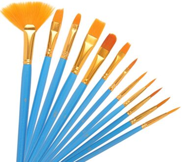 12Pcs Pearly Blauwe Staaf Schilderij Aquarel Pen Set Nylon Wol Fan Olie Penseel Diy Acryl Kwast