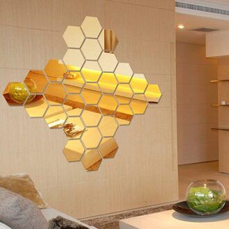 12Pcs Regelmatige 3D Acryl Spiegel Muurstickers Hexagon Honingraat Decoratieve Woonkamer Slaapkamer Poster Home Decor Kamer Decoratie Goud / 46mm