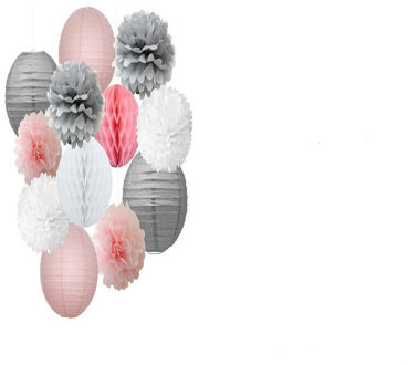 12pcs/set Mixed Paper Lantern Paper Honeycomb Ball Hanging Paper Pom PomsWedding Birthday Decor DIY Baby Shows Party Supplies roze grijs wit 12stk