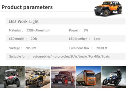 12V-24V Cob 9W 6500K-7500K Wit Off-Road Kofferbak Led werk Licht Lamp Auto Enkele Rij Waterdicht Styling Accessoires