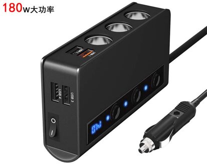 12V/24V Quick Charge 3.0 Sigarettenaansteker Splitter 3-Socket 180W Op-Off Dc power Auto Splitter Met 4-Port Usb Car Charger zwart