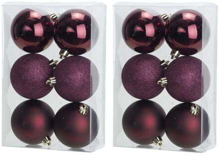 12x Aubergine roze kerstballen 8 cm kunststof mat/glans/glitter - Kerstbal