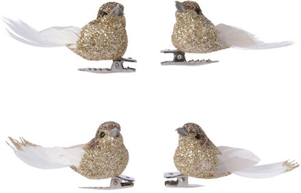 12x Decoratie glitter vogeltjes goud op clip 5 cm - Kerstboom decoratie vogeltjes - Kerstboomversiering