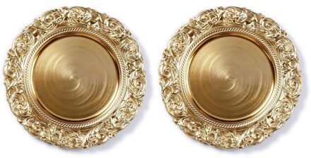 12x Diner borden/onderborden goud met decoratieve rand 33 cm rond - onderbord / kaarsenbord / onderzet bord