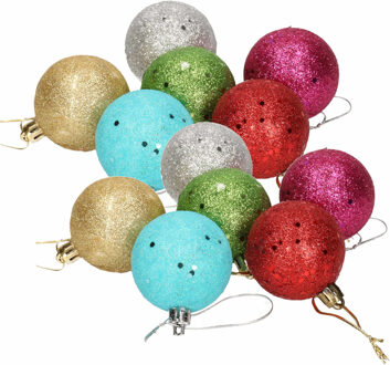 12x Gekleurde onbreekbare kerstballen met glitters 5 cm - Kerstbal Multikleur