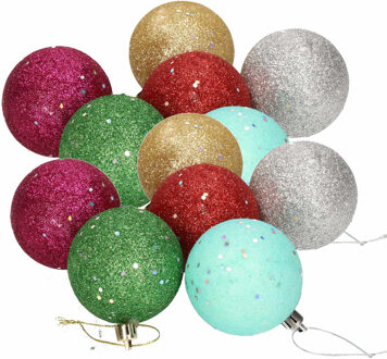 12x Gekleurde onbreekbare kerstballen met glitters 6 cm - Kerstbal Multikleur