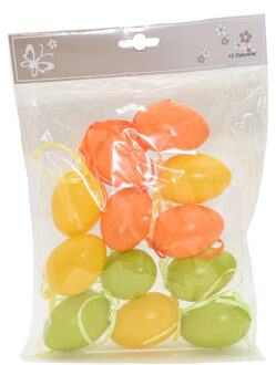 12x Gekleurde plastic/kunststof decoratie eieren/Paaseieren met motief 6 cm - Feestdecoratievoorwerp